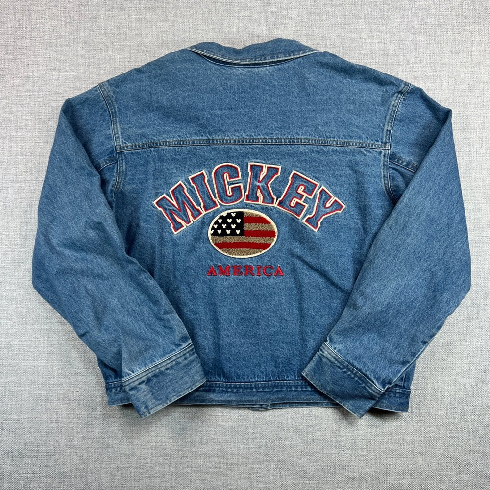 VTG 90s Disney Mickey America Denim Jacket L 41" USA Chenille Flag Disneybound